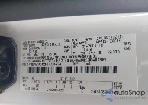 2017 Ford F-150 Xlt из США, поврежденный, VIN 1FTEW1C82HFC04724